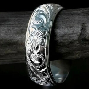 Contemporary Minimalist Design Floral Carved Wide Band Ring Size 7